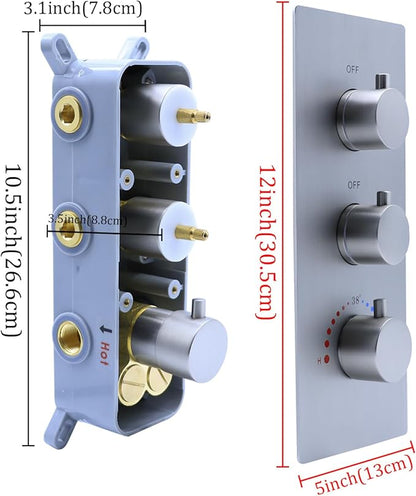 2 Function Shower Thermostatic Valve 3 Round Knob Valve Body Can Control Water Volume and Work at the Same Time Concealed Brass Bathroom Replacement Rough-In Valve(Brushed Nickel, 2-Way)