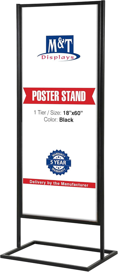 M&T Displays Metal Eco Info Board Black 18x60 Inches Slide-in Poster Sign Holder 1 Tier Double Sided Floor Standing Advertising Display with Backing and Anti-Glare PET Cover