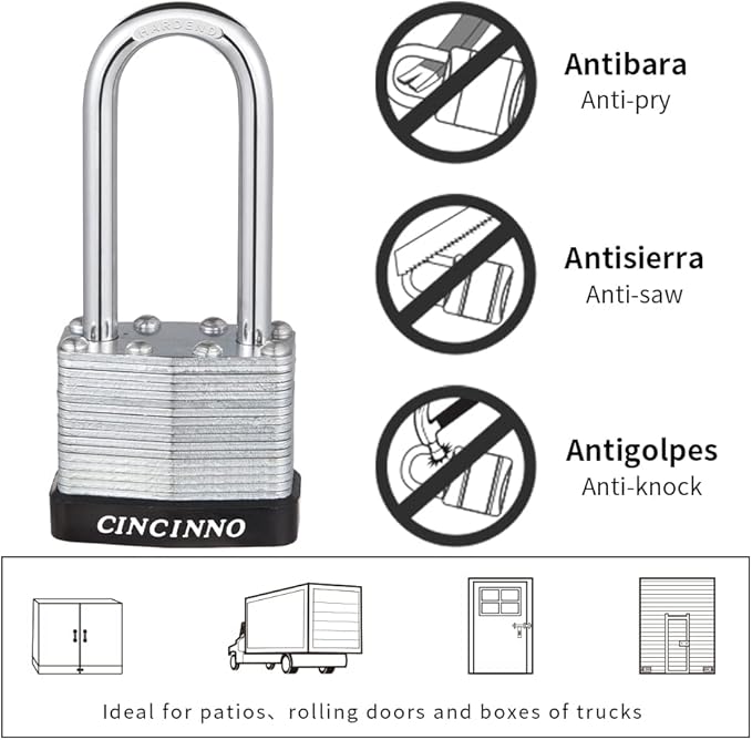 Laminated Steel Padlock with Key，6 Pack Keyed Alike Padlocks with Long Shackle