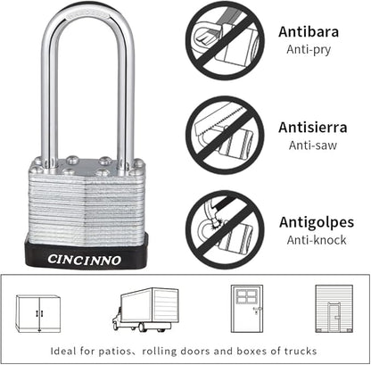 Laminated Steel Padlock with Key，6 Pack Keyed Alike Padlocks with Long Shackle