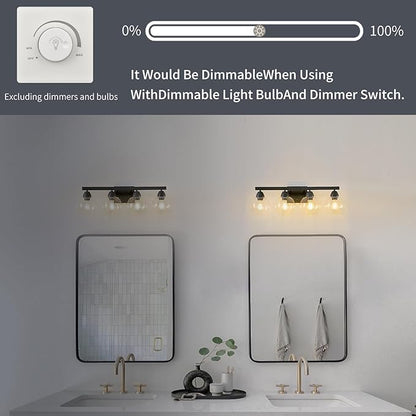 4-Light Bathroom Vanity Light, Matte Black Wall Sconce with Hand-Crafted Thick Glass Shades, High Transparency & Few Flaws, Perfect for Mirror, Bedroom, Hallway