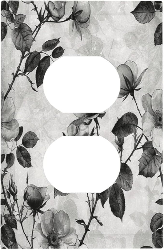 Outlet Covers Black Breezy Watercolor Garden Floral 1 Gang Duplex Wall Plate Decorative Switch Plates Electrical Receptacle Faceplate Light Switch Cover for Bedroom Home Decor