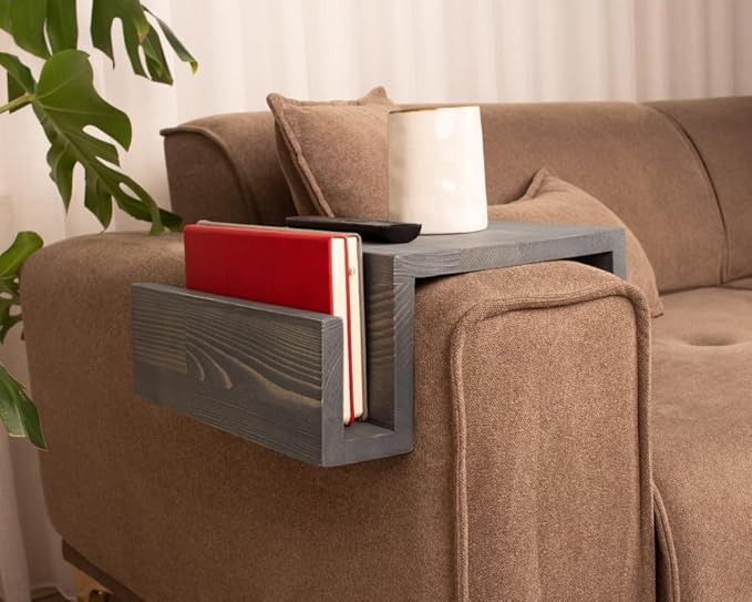 Wooden Couch Arm Tray – Sofa Armrest Table with Book & Magazine Holder, Perfect for Coffee & Remote Control, Solid Wood (Monaco)