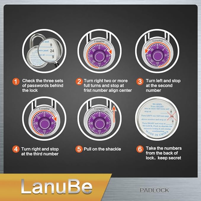 LanuBe Standard Dial Combination Lock, 2 inches. Wide, with Different Combinations, Purple Turnplate, Pack of 12; Lock for School, Employee, Gym Sports Locker, Case, Toolbox