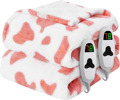 Cow Print Electric Heated Blanket Queen Size,84X90 Pink Heating Blanket Queen with Dual Control&Timer&10 Heat Levels,Cute Cow Decor Sherpa Blankets Warmer Gifts for Bed Women Adults