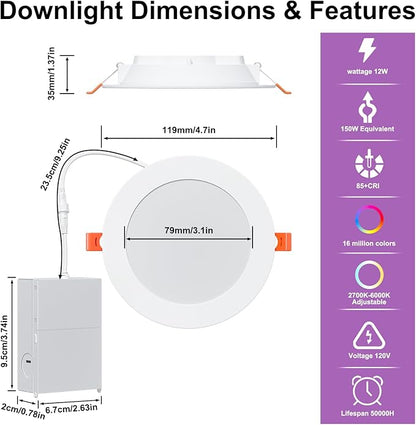 Smart Recessed Lighting 4 Inch RGBCW Color Changing 12W LED Downlight with Junction Box,1000 Lumen Recessed Ceiling Light Compatible with Alexa,Dimmable by Bluetooth Control -1Pack