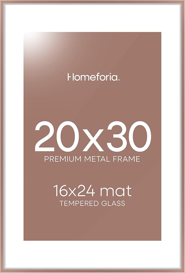 Homeforia 24x30 Poster Frame Mocha, High End Metal 24 x 30 Picture Frames with Mat 18 by 24 inches Photo, 24x30 Mocha Frame Matted to 18x24 Print, 30x24 Large Frame, Tempered Glass, Wall Kit, Set of 1
