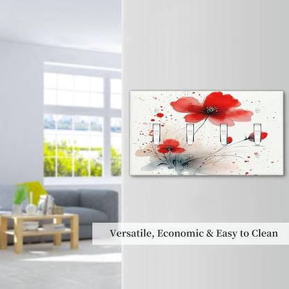 Vintage Watercolor Red Flowers Floral Light Switch Covers Quad Toggle 4 Gang Wall Plate Decorative Switch Plates Electrical Faceplate for Bedroom Bathroom Decor