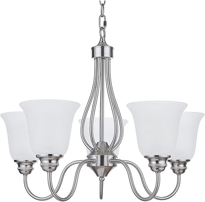 Doraimi Lighting 5 Light Chandelier with Brushed Nickel Finish, Classic Style Ceiling Light Fixture with Frosted Glass Shade for Meeting Room Dining Room Living Room Corridor, LED Bulb(not Include)