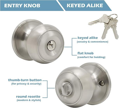Gobrico Round Satin Nickel Keyed-alike Entry Locks Knobs 6Pack, Front Enry Door Knobs with Lock and Same Key, Round Ball Style Locksets Door Handles