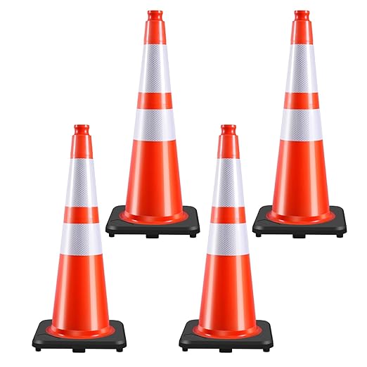 (4 Pack) 28 Inch Traffic Cones,PVC Construction Safety Parking Road Cones w/Reflective Collar, Heavy Duty Base for Traffic Control, Parking Lots and Roadwork, Weatherproof