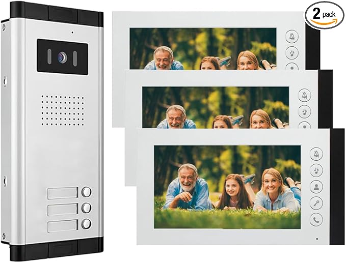 Wired Video Intercom System,7 Inch Ring Video Doorbell with IR Night Vision,HD Camera Kits,IR Outdoor Camera,Dual-Way Intercom for Villa Home Office Apartment (1 Bell +3 Monitor)