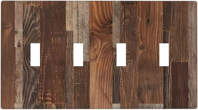 Vintage Brown Wooden Boards Print Wood Grain Light Switch Covers Quad Toggle Electrical Faceplate 4 Gang Wall Plate Decorative Switch Plates for Farmhouse Home Decor