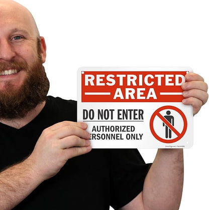 SmartSign (Pack of 4) 7 x 10 inch “Restricted Area - Do Not Enter, Authorized Personnel Only” Metal Sign with Symbol, 40 mil Laminated Rustproof Aluminum, Red, White and Black, Made in USA