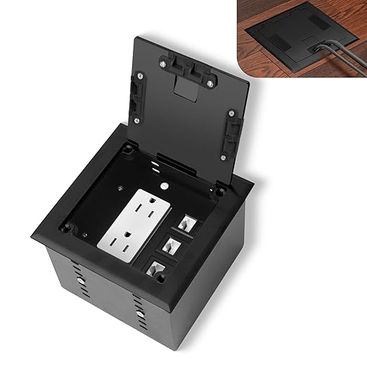 KYHSHJ Recessed Flat Hidden Socket Kit with 15 Amp Stainless Steel TR Receptacle Outlet Stainless+3-Port RJ45 Datacom Receptacle.Internal Height Adjustable，Corrosive Resistant Hardware，Black