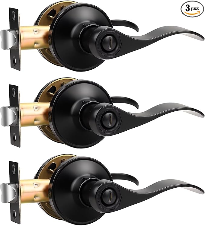 Knobonly 3 Pack Matte Black Door Lever Privacy Door Handles, Zinc Alloy Door Handle Interior, Keyless Lock for Bedroom or Bathroom