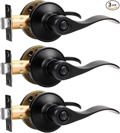 Knobonly 3 Pack Matte Black Door Lever Privacy Door Handles, Zinc Alloy Door Handle Interior, Keyless Lock for Bedroom or Bathroom