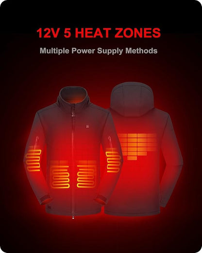 DEWBU Soft Shell Heated Jacket for Men with 12V Battery Pack and Detachable Hood Outdoor Electric Heating Coat