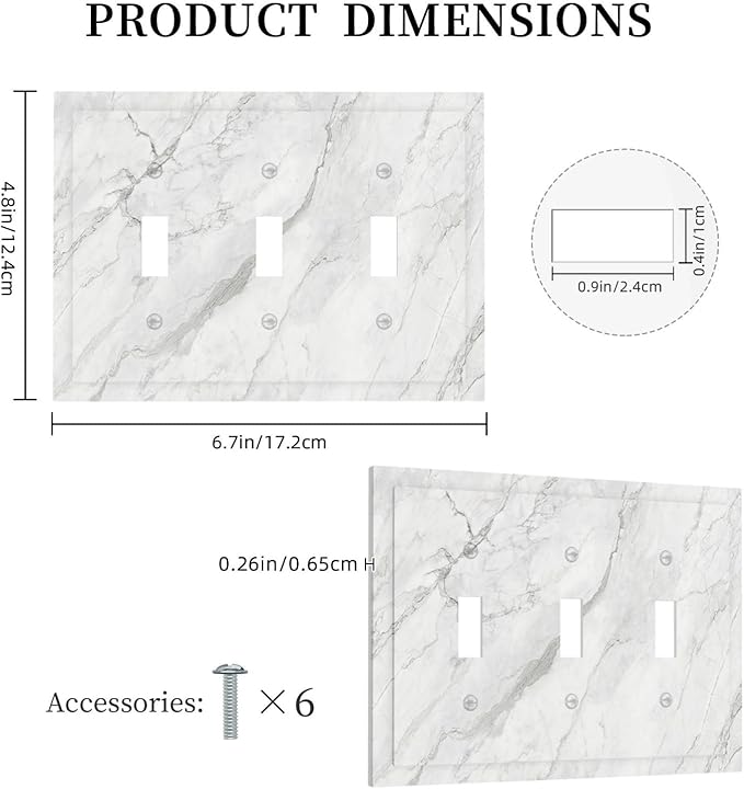 Decorative Switch Plates Marble Granite White And Grey 3 Gang Wall Plate Faceplate Triple Toggle Light Switch Cover Electrical Wall Panels for Home Bedroom Decor