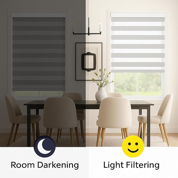 Shadesu Custom Size Zebra Blinds for Windows, 48" W x 72 H, Grey, Dual Layer Free-Stop Zebra Shades, Light Control for Day and Night, Sheer Blinds for Indoor Windows, Bedroom, Kitchen