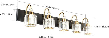 Ralbay Modern LED Bathroom Vanity Lights 5-Lights Crystal Vanity Lights Over Mirror Modern Black Bathroom Vanity Lighting Fixtures