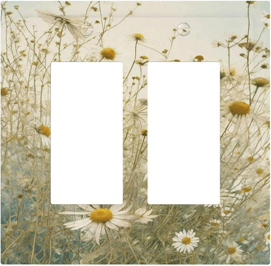 White Wildflowers Daisy Vintage Floral Decorative Outlet Covers 2 Gang Double GFCI Rocker Electrical Wall Panels Light Switch Cover Plate for Bed Room Living Room Decor