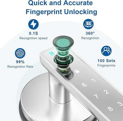 Fingerprint Door Lock, Fingerprint Door Knob Biometric Door Lock Smart Door Knob with App Control, Keyless Entry Door Lock with Handle for Home Office Apartment Bedroom Silver