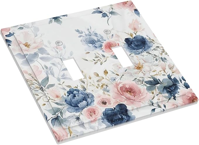 Elegant Watercolor Pink Blue Flowers Floral 2 Gang Double Toggle Light Switch Cover Decorative Switchplate Electrical Wall Plates Faceplate for Bathroom Bedroom Decor 4.9 X 5 IN