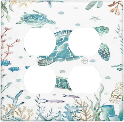 Sea Turtle Ocean Starfish Fish Coral Pearl Outlet Covers 2 Gang Double Duplex Decorative Light Switch Covers Electrical Wallplates Socket Faceplate for Bathroom Kids Room Decor