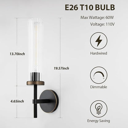 19.5" Knurled Brass Wall Sconce with Vertical Striped Glass Tube, Black Gold Bathroom Vanity Light Fixtures, Modern Lamp Lighting for Bedroom, Living Room, Hallway, Staircase, Mirror, Kitchen