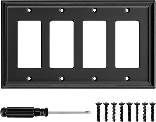 Black Modern Decorative Wall Plate Light Switch Cover Decorator Outlet Covers Rocker Switch Plates Bamboo Fiber Material Wall Plates for Kitchen Bathroom (4 Gang Quad Decorator-1 Pack)