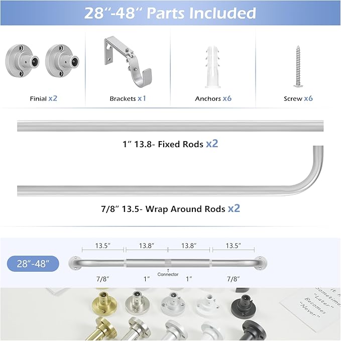 Silver Wrap Around Curtain Rods 28 to 48 Inch:Blackout Heavy duty Adjustable Window Curtain Rod for Bedroom,Industrial Darkening Curved French Metal Single Drapery Rods Easy Install,Nickel