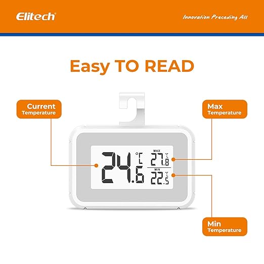 Elitech 4Pack Fridge Thermometer Digital Freeze Refrigerator Thermometer Waterproof Large LCD Display Max/Min Record Function TM-2T