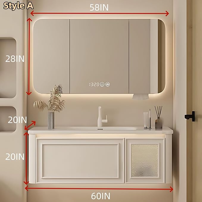 60IN Wall Mounted Bathroom Vanity Set - Wood Bathroom Vanities has Tissue Hole Design | Includes Smart Defogging Mirror Cabinet & Time Display, Rounded Corners, Glass Cabinet Doors (Style A)