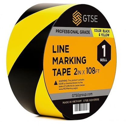 GTSE 2 inch x 108 ft Black& Yellow Striped PVC Vinyl Floor Tape, Safety Marking Tape, 6 mil Thick, Suitable for Dance Floors, Gyms, Warehouses, Sports Facilities, Hazards