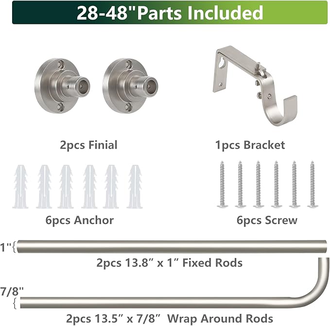 Nickel Wrap Around Curtain Rods 28 to 48 In:Blackout Heavy duty Adjustable Window Curtain Rod for Bedroom,Industrial Darkening Curved French Metal Single Drapery Rods Easy Install,Satin Nickel