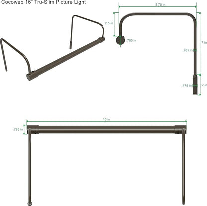 Cocoweb 16 Inch Tru-Slim Mahogany Bronze Picture Light - LED, 2700K, Adjustable Arm, Plug-in, Toggle Switch, Sleek and Compact Design