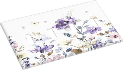 Light Switch Covers Purple Floral Lilac Watercolor Flower Leaves Butterfly Wildflower Quad Toggle 4 Gang Wall Plate Electrical Faceplate Decorative Switch Plates for Bedroom Home Decor