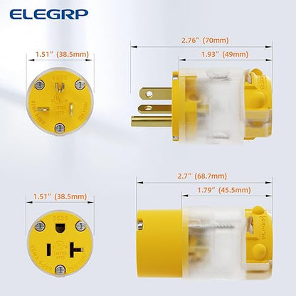 ELEGRP Lighted Straight Blade Electrical Plug and Connector Set 20 Amp 125 Volt NEMA 5-20P NEMA 5-20R 2 Pole 3 Wire Grounding, Commercial Grade, Yellow, 1 Set
