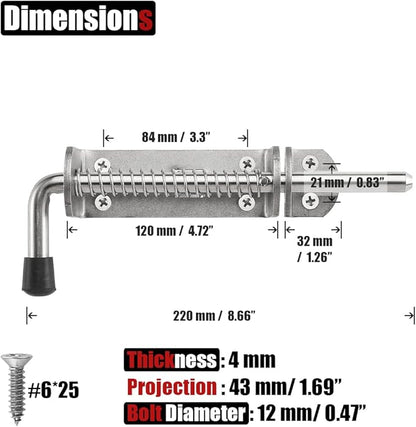 JQK Spring Loaded Sliding Bolt Latch, Heavy Duty 304 Stainless Steel Thickened 4mm Door Lock Barrel Bolt, 8.6 Inch Brushed Finished, HSB500