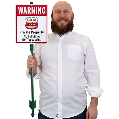 SmartSign 12" x 10" 'Warning - Private Property, No Soliciting/Trespassing, Area Under Surveillance' Yard Sign with 3 ft Stake, 40 mil Laminated Rustproof Aluminum, Red/Black/White, USA-Made