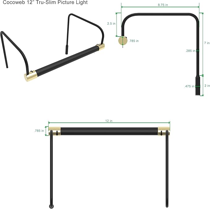 Cocoweb 12 Inch Tru-Slim Black and Brass Picture Light - LED, 2700K, Adjustable Arm, Plug-in, Toggle Switch, Sleek and Compact Design