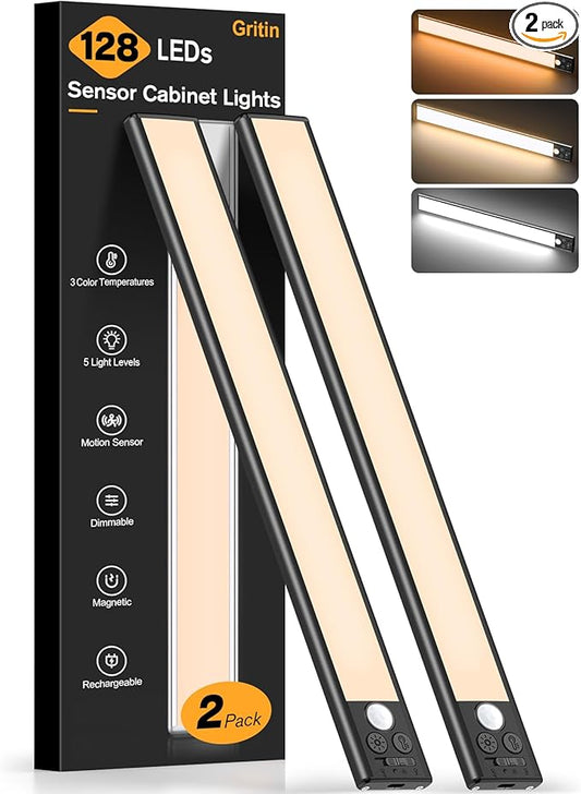Gritin 14.7inch Under Cabinet Lighting Rechargeable - 128 LED Super Bright, 3-Color&5 Level Brightness, 4 Modes, Motion Sensor, Long Lasting-Easy Installation Magnetic Closet Lights - 2 Pack-Black