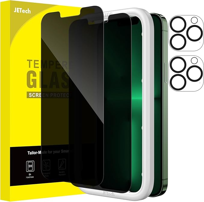 JETech Privacy Screen Protector for iPhone 13 Pro 6.1-Inch with Camera Lens Protector, Anti-Spy Tempered Glass Film, Easy Installation Tool, 2-Pack Each