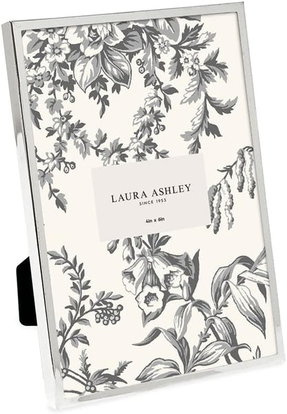 Laura Ashley 4x6 Silver Flat Metal Picture Frame (Vertical & Horizontal) w/Two-Way Easel Stand, Black Velvet Backing, Wall-Mountable, Made for Tabletop, Desk, Wall Display, Home Décor (4x6, Silver)