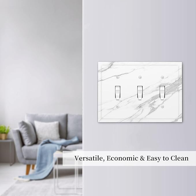 Decorative Switch Plates Modern White Gray Marble 3 Gang Wall Plate Triple Toggle Light Switch Cover Faceplate Electrical Wall Panels for living Room Bathroom Decor