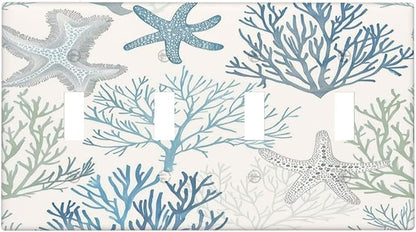 Light Switch Covers Ocean Beach Theme Starfish Seashell Coral Quad Toggle Electrical Faceplate 4 Gang Wall Plate Decorative Switch Plates For Bathroom Kids Room Decor