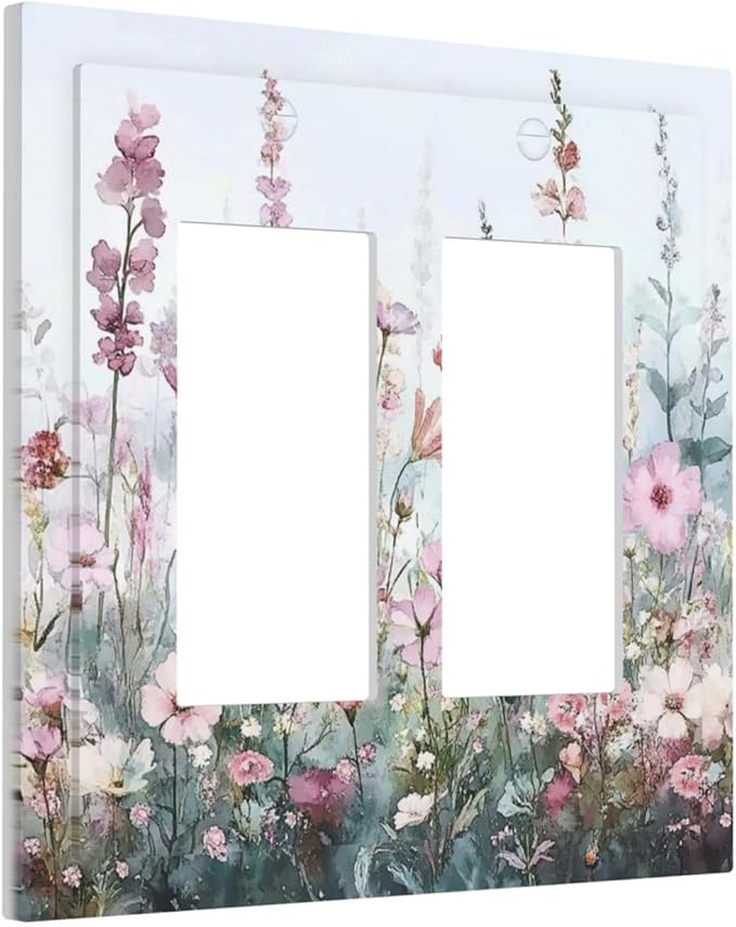 Pink Floral Watercolor Botanical Wildflowers Decorative Outlet Covers 2 Gang Double Gfci Rocker Electrical Wall Panels Light Switch Cover Plate For Bed Room Living Room Decor