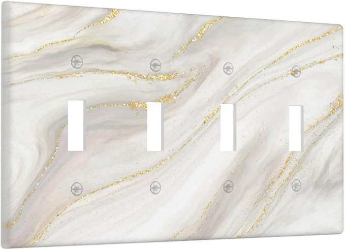 White Grey Gold Marble Simple Tiles Light Switch Covers Quad Toggle Electrical Faceplate 4 Gang Wall Plate Decorative Switch Plates for Bathroom Kitchen Decor