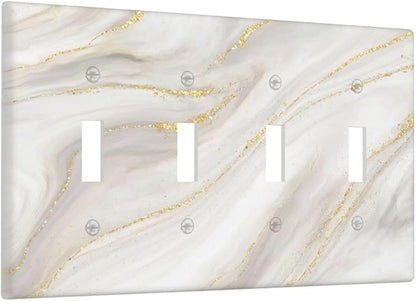 White Grey Gold Marble Simple Tiles Light Switch Covers Quad Toggle Electrical Faceplate 4 Gang Wall Plate Decorative Switch Plates for Bathroom Kitchen Decor